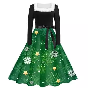 Рождественское женское повседневное и модное платье с длинными рукавами и квадратным вырезом, с принтом и застежкой-молнией L зелёный