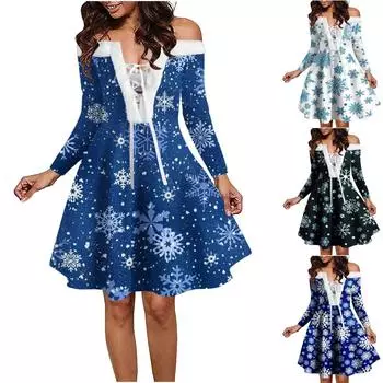 Рождественское женское винтажное пушистое платье с длинными рукавами, праздничный костюм, коктейльное платье L синий