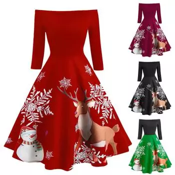 Рождественское женское винтажное вечернее платье с открытыми плечами и расклешенным платьем S зелёный