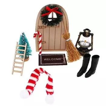Рождество 1:12 украшений кукольного дома, мини-дом эльфа, Рождественская миниатюрная сцена, деревянная дверь, аксессуары для дверей эльфа