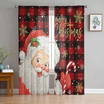 Рождество Санта-Клаус Снежинка Красный Черный Клетчатый Прозрачные Шторы Украшение Спальни Оконные Шторы Кухня Тюль Вуаль Шторы W135 x H115cm x1