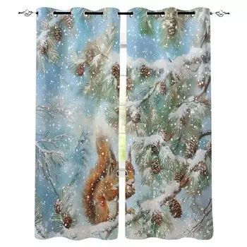 Рождество Зима Белка Снежинка Сосна Плотные Шторы Для Гостиной Спальни Оконные Шторы Жалюзи Шторы W135 x H60cm