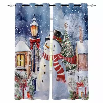 Рождество Зима Рождественский Снеговик Снежная Сцена Затемняющие Шторы Для Гостиной Спальни Оконные Шторы Жалюзи Кухонные Шторы W135 x H60cm