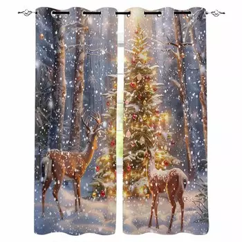 Рождество Зима Снежный пейзаж Снежинки Деревья Олени Затемняющие шторы для гостиной Спальня Оконные шторы Шторы W135 x H60cm