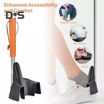 Рожок для обуви для пожилых людей Телескопическая штанга из нержавеющей стали с деревянной ручкой Портативное отверстие для подвешивания Устройство для надевания обуви на кроссовки Удлиненная воронка для обуви чёрный