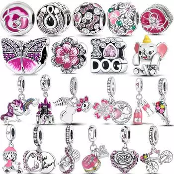 Розовая эмаль, бесконечное сердце любви, собачья лапа, кошачья подвеска, бусины серебряного цвета, подходят для браслета Charmhub, оригинальные ювелирные изделия