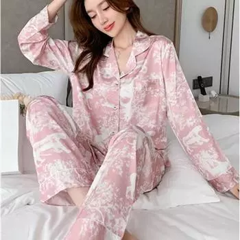 Розовая эстетическая романтическая женская пижама с принтом, элегантный шик, модный тренд, женская ленивая ночная рубашка, новый осенний женский домашний комплект M синий