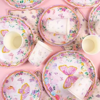 Розовая бабочка День рождения Посуда Бумажная тарелка Салфетка С первым днем рождения Украшения для вечеринки Свадьба для девочки Товары для детского душа