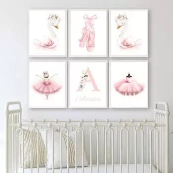 Розовая балерина для девочек, лебедь, модельные туфли, имя на заказ, настенная живопись на холсте, постеры и принты, фотографии для декора детской комнаты A4 21X30cm No Framed