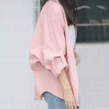 Розовая блузка с крыльями летучей мыши свободного кроя, весенняя корейская верхняя одежда, универсальная рубашка с длинным рукавом M розовый