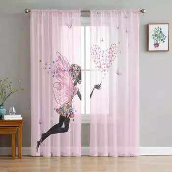 Розовая девушка цветок бабочка тюль оконные шторы гостиная органза пряжа прозрачная вуаль занавеска спальня кухня домашний декор драпировка W135 x H115cm x1&Rod Pocket