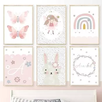 Розовая девушка принцесса кролик бабочка Радуга детская печать плакаты на скандинавскую тему настенная живопись на холсте фотографии декор для детской комнаты A4 21X30cm No Framed