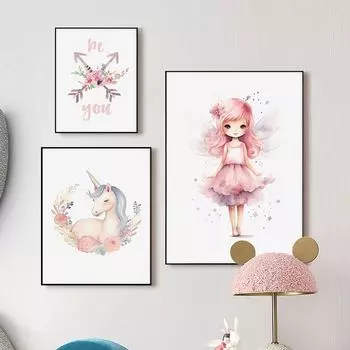 Розовая Фея Единорог Стрелка Имя Цветка На Заказ Детская Стена Искусства Холст Картины Плакаты И Отпечатки Картина Для Девочки Декор Детской Комнаты A4 21X30cm No Framed