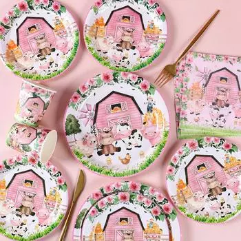 Розовая ферма вечеринка день рождения украшения одноразовая посуда бумажные тарелки чашки скатерть детский праздник мальчики девочки вечеринка декор