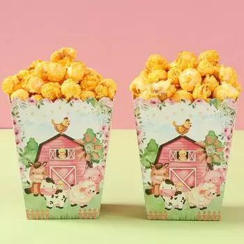 Розовая фермерская вечеринка на день рождения, украшения из бумаги, коробка для попкорна, конфеты, печенье, коробка для детского душа, декор для вечеринки по случаю дня рождения для мальчиков и девочек