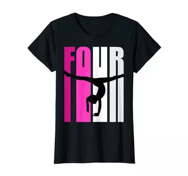 Розовая футболка для гимнастики на 4-й день рождения с опорным прыжком, стойкой на руках и переворотами чёрный