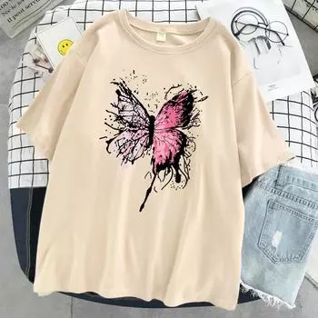 Розовая футболка с бабочкой Harajuku, женская повседневная дышащая футболка в стиле хип-хоп с коротким рукавом, хлопковая крутая футболка большого размера XS
