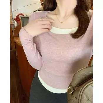 Розовая футболка с длинными рукавами из двух частей с имитацией принта для женщин на раннюю весну, новый стиль pure lust, контрастная цветная нижняя часть рубашки с обтягивающим верхом S