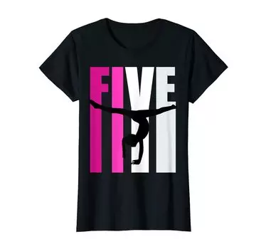 Розовая футболка с изображением 5-летия гимнастики, опорного прыжка, стойки на руках, переворотов чёрный