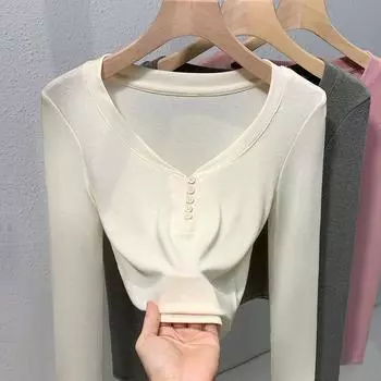 Розовая футболка с круглым вырезом и длинными рукавами для женщин, новая облегающая и очень красивая базовая рубашка с дизайном на пуговицах S розовый