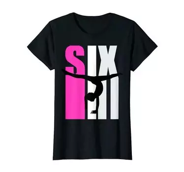 Розовая футболка с надписью «Гимнастика» на 6-й день рождения, опорный прыжок, стойка на руках, перевороты чёрный