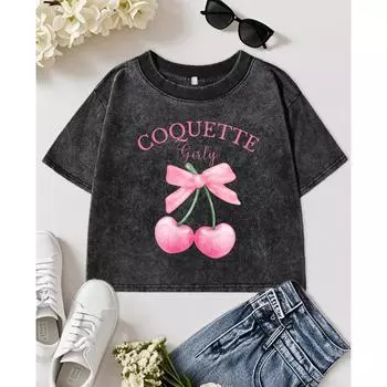 Розовая футболка с принтом вишни и бантом, выстиранная, приталенная, женская, укороченная, летняя, футболки на каждый день, одежда в стиле кэжуал, с круглым вырезом, хлопковая, с коротким рукавом M