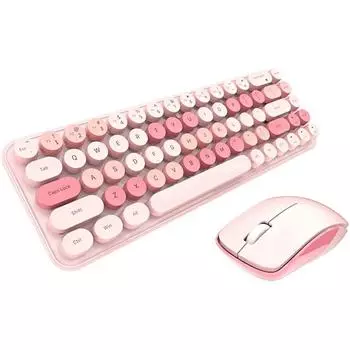 Розовая клавиатура и мышь, беспроводная милая красочная 68 круглых клавиш, ретро-пишущая машинка, компактная клавиатура для ПК, настольного компьютера, ноутбука розовый
