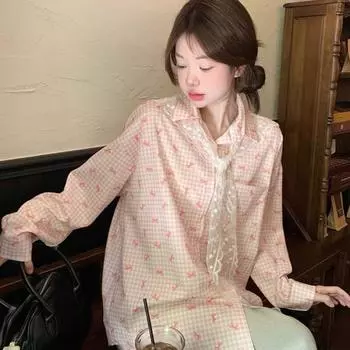 Розовая клетчатая рубашка кружевная шаль для женщин с бантом и длинными рукавами милые топы весенняя свободная повседневная солнцезащитная одежда S небесно-голубой