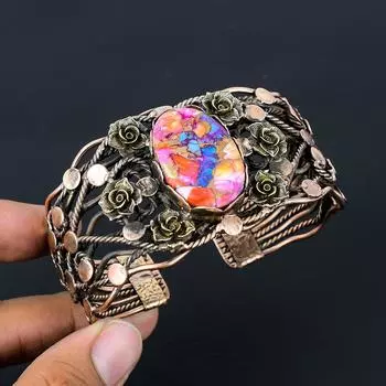 Розовая колючая устрица, медь, бирюза, драгоценный камень, чистая медная проволока, завернутая в манжеты/браслет ручной работы, ювелирные изделия Adjustable розовый