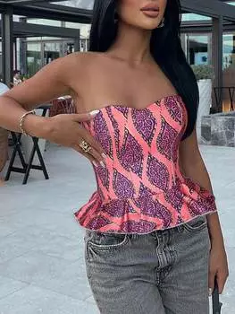 Розовая Красота Винтажный Принт Рюши Подол Шнуровка Сзади Открытая Спина Корсет Шейпвер Одежда для Клуба Топ-Труба XS разноцветный