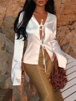 Розовая Красота Женская Весенняя Однотонная Блузка с Длинным Рукавом из Сатина в Повседневном Стиле с Открытым Бантом Спереди, Рукавами-Клеш и Разрезом, Топ, Одежда на День Святого Валентина XS белый