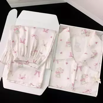 Розовая кружевная женская пижама с принтом медведя в Корейском стиле, милый бант, 2 шт., ночная рубашка, новая осенняя женская пижама M бежевый