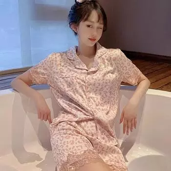 Розовая леопардовая кружевная сексуальная женская пижама из 2 предметов, французская элегантная модная домашняя одежда для сна, новая летняя ночная рубашка для ленивых леди M зелёный