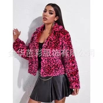 Розовая леопардовая печать, прямые продажи, хит продаж, длинный рукав, лацкан, красный большой меховой воротник, контрастный цвет, капюшон, женская одежда S
