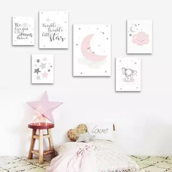 Розовая Луна мультфильм слон ребенок плакат детские цитаты печать холст искусство настенная живопись скандинавский ребенок девочка декор комнаты фотографии 21cm30cm NoFrame