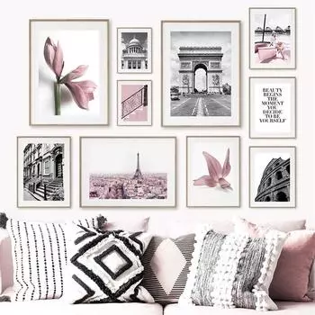 Розовая магнолия девушка серфинг ретро Париж фото настенная живопись на холсте плакаты на скандинавскую тему и принты настенные панно для декора гостиной A4 21x30cm No Frame