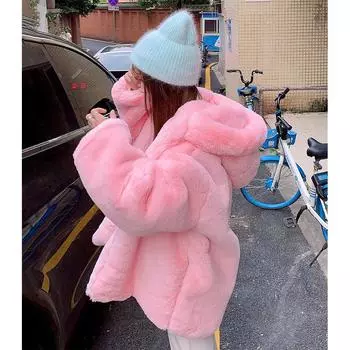 Розовая меховая куртка женская зимняя молодая имитация меха розового кролика теплая мохнатая шуба из кролика Рекс One Size розовый