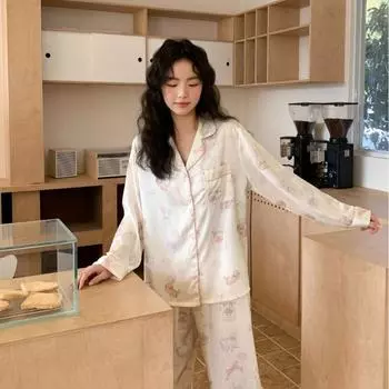 Розовая пижама с плюшевым мишкой в девчачьем стиле, милый искусственный шелк в корейском стиле, новая весенняя домашняя одежда с тонкими лацканами M белый