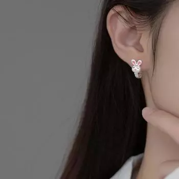 Розовая пряжка в виде ушка кролика Супер милая девушка мультяшная улыбка маленький белый кролик серьги серьги персонализированные серьги-гвоздики любовь анти-потеряшка copper