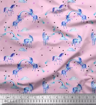 Розовая японская креп-сатиновая ткань Soimoi с принтом единорога и радуги по метрам 42 дюйма 42 Inch Wide - Poly Crepe розовый