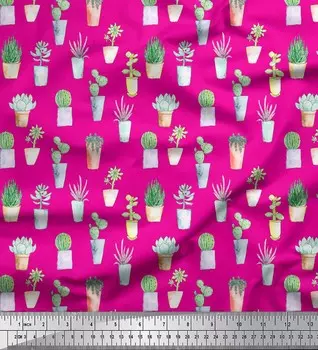 Розовая японская креп-сатиновая ткань Soimoi с принтом листьев кактуса, ткань для рукоделия шириной 42 дюйма по метрам 42 Inch Wide - Poly Crepe розовый