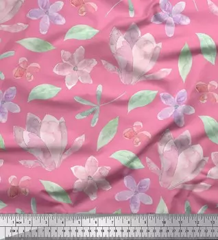 Розовая японская креп-сатиновая ткань Soimoi с цветочным принтом в виде листьев и барвинка, 42 дюйма по метрам 42 Inch Wide - Poly Crepe жёлтый