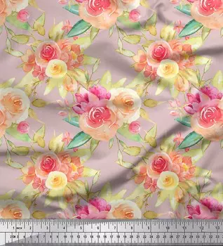 Розовая японская креп-сатиновая ткань Soimoi с листьями и лютиками с цветочным принтом, 42 дюйма по метрам 42 Inch Wide - Japan Crepe Satin