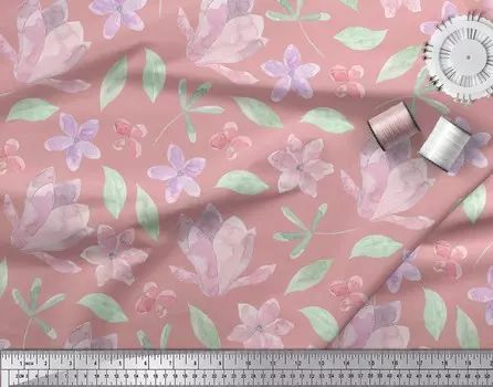 Розовая японская креп-сатиновая ткань Soimoi с листьями и барвинком с цветочным принтом, 42 дюйма на метр 42 Inch Wide - Cotton Voile розовый