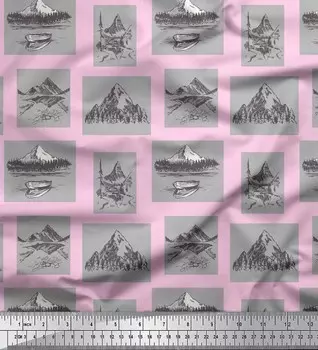 Розовая японская креп-сатиновая ткань Soimoi, ткань с принтом «Лодка и гора», на метр, 42 дюйма 42 Inch Wide - Poly Crepe розовый