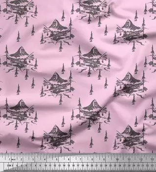 Розовая японская креп-сатиновая ткань Soimoi, ткань для рукоделия с принтом «кедровое дерево и горы» и природой, 42 дюйма по метрам 42 Inch Wide - Poly Crepe розовый