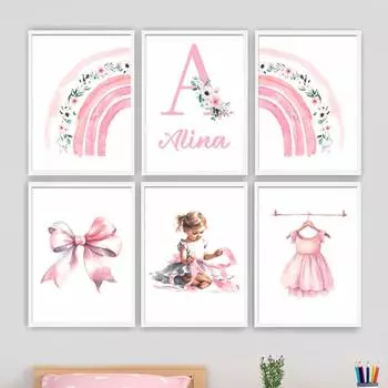 Розовая Радуга с бабочкой и бантом для маленьких девочек, имя на заказ, настенная живопись на холсте, постеры и принты, фотографии для декора детской комнаты A4 21X30cm No Framed