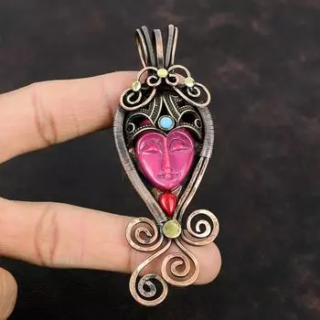 Розовая резная кость с лицом, кулон с драгоценным камнем, медная проволока, кулон, итальянский коралловый и бирюзовый кулон, медные украшения ручной работы, подарок на помолвку