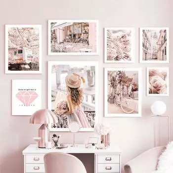 Розовая роза девушка Парижские улицы настенная живопись на холсте плакаты на скандинавскую тему и принты настенные панно для декора гостиной эстетика A4 21X30cm No Framed