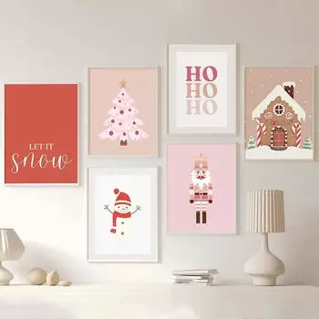 Розовая рождественская елка, снеговик, дом, постеры, холст, картина, настенные художественные фотографии, зимние праздничные принты для украшения дома, фермерского дома 21x30cm No Framed белый